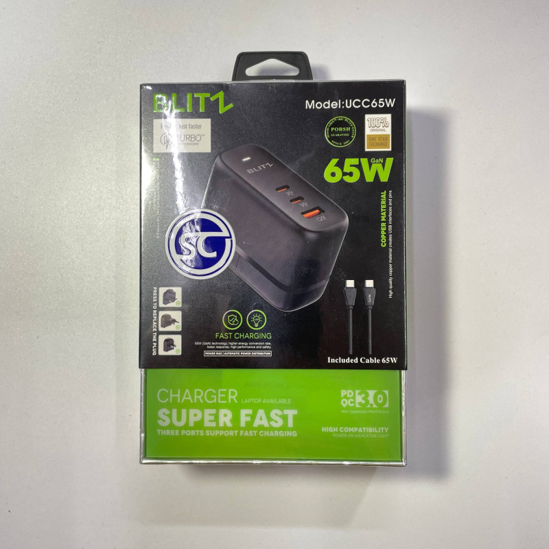 شاحن BLITZ UCC65W بقدرة 65W GaN – شحن سريع PD & QC 3.0 متعدد المخارج